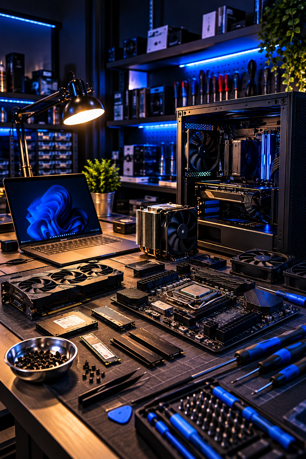Atelier informatique avec ordinateur et composants PC